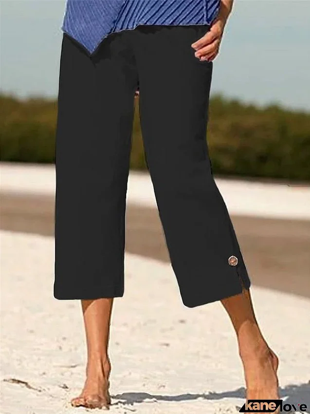 Women's Linen Pants Chinos Capri shorts Calf-Length Faux Linen Side Pockets Split Fashion Casual Daily Black White S M