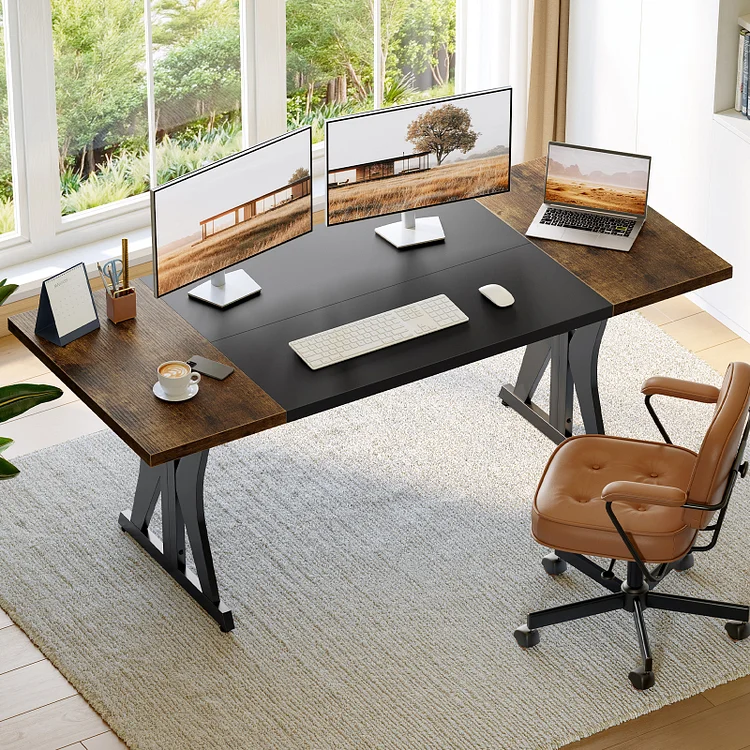 Bestier 70 Inch Large Computer Desk, Modern Two-Tone Executive Office Desk with Sturdy K-Shaped Metal Frame, Industrial Home Office Writing Desk for Gaming, Studying, and Working