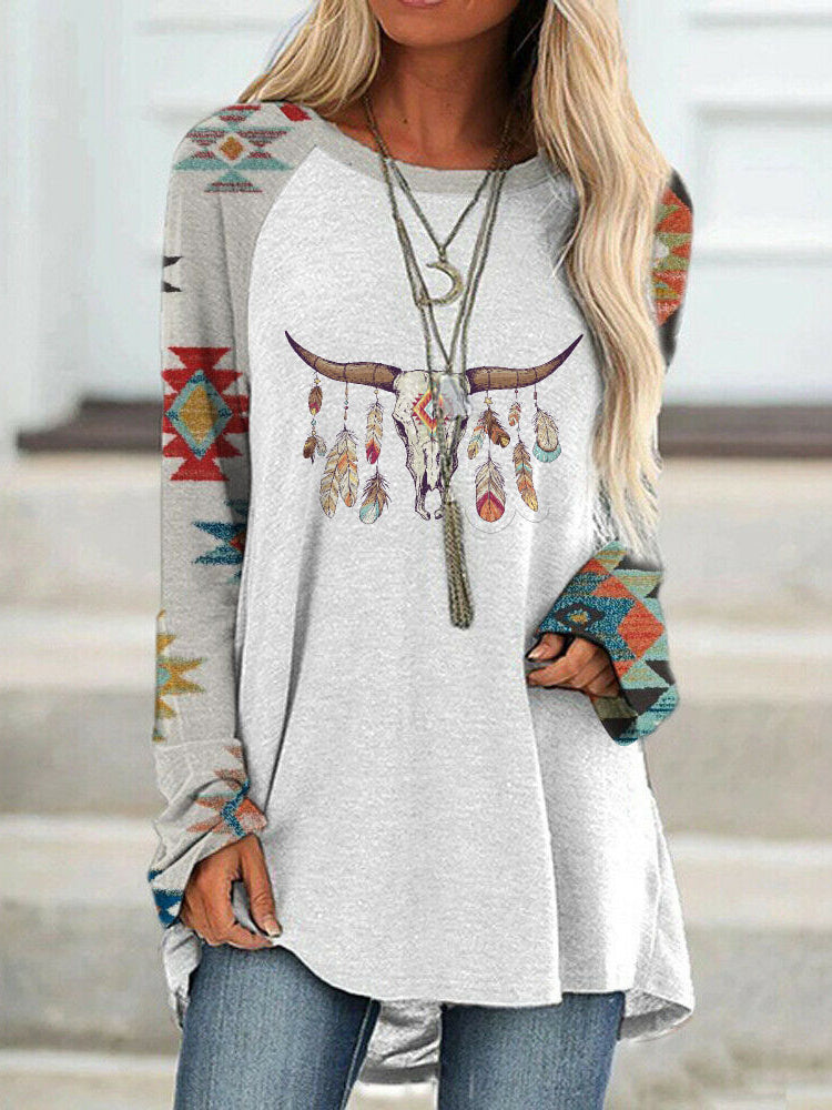 Women Long Sleeve V-neck Graphic Floral Printed Top