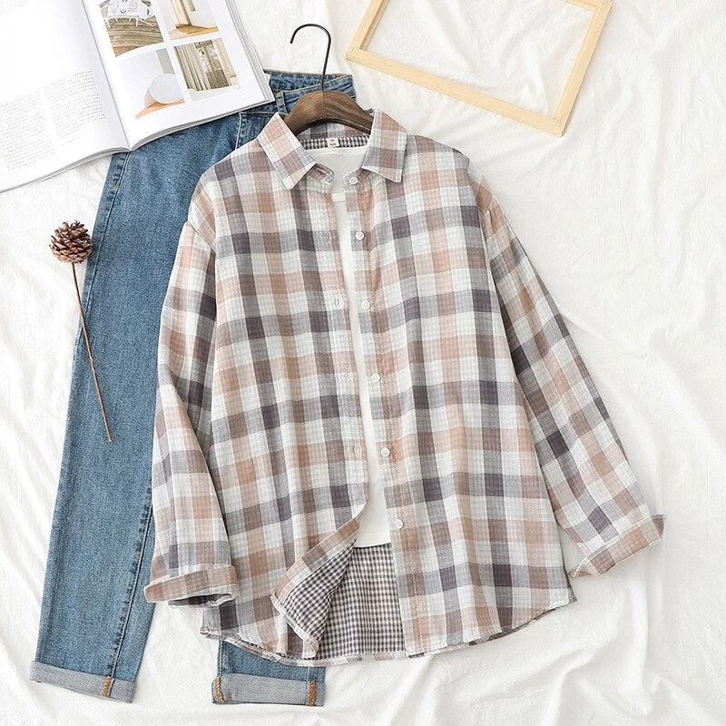 Plaid Shirts Womens Blouses And Tops Autumn News Double Layer Yarn Cotton Loose Female Check Clothes Outwear