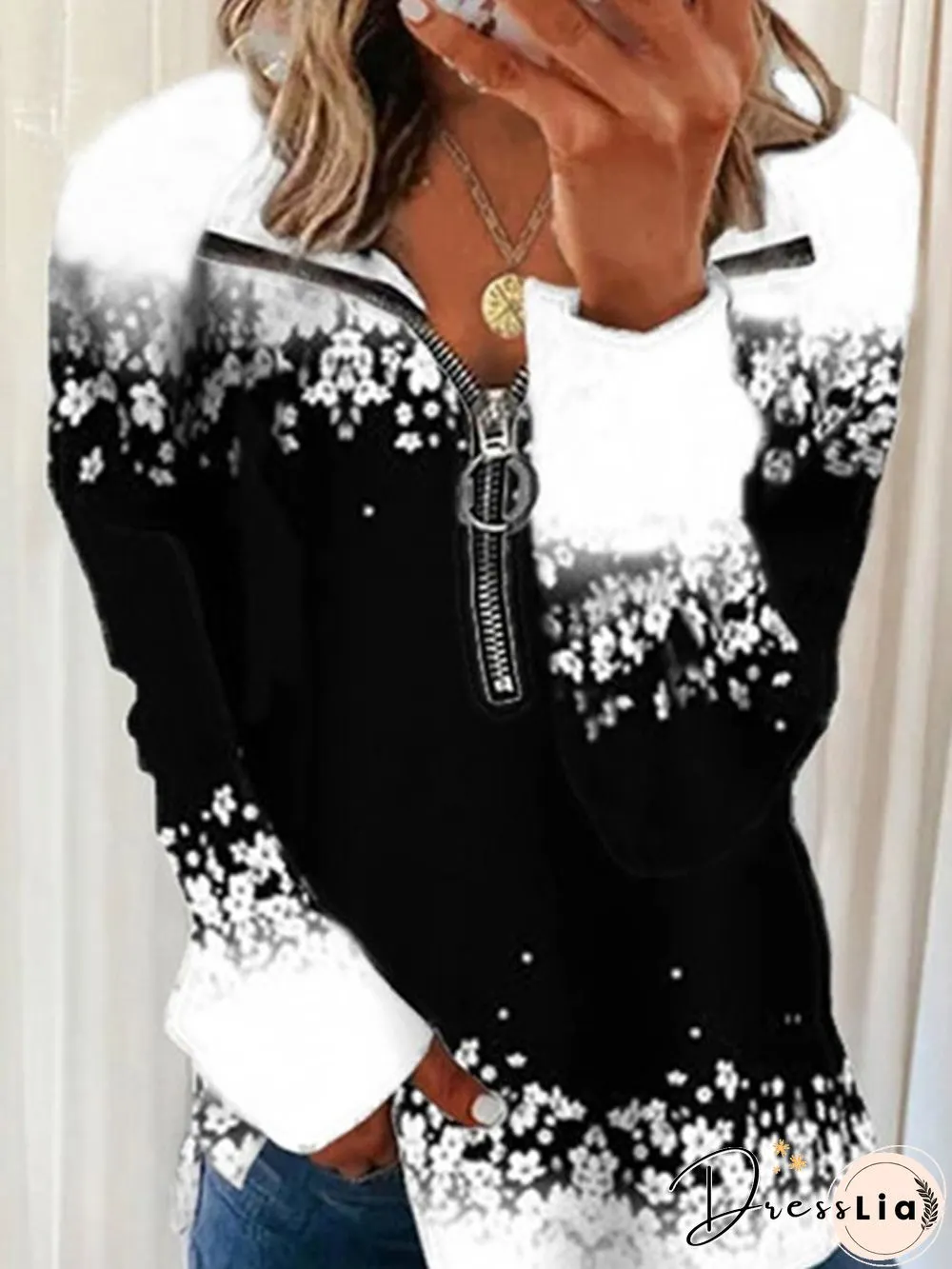 Plus Size Casual Zipper Printed Sweatshirts