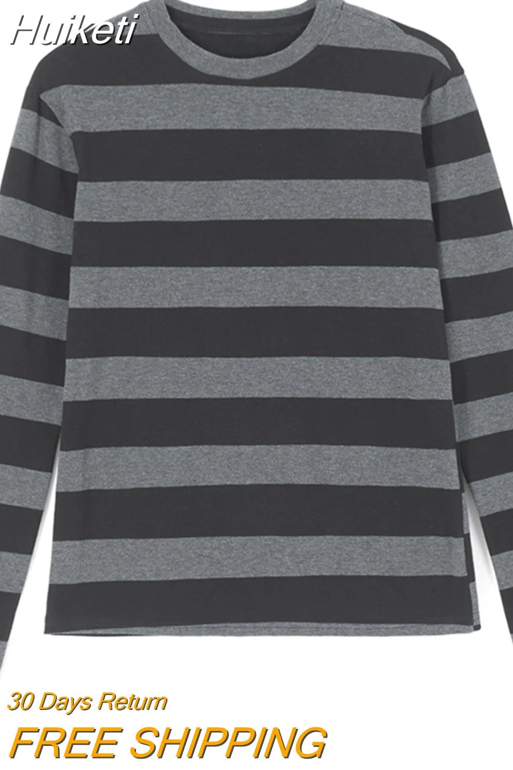 Huiketi Women Y2K 2000s Retro Knit Basic Tee Shirt Casual Grey Black Striped Long Sleeve Round Neck Tops Club Streetwear
