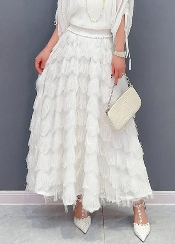 Stylish White Tassel Elastic Waist Maxi Skirt Spring
