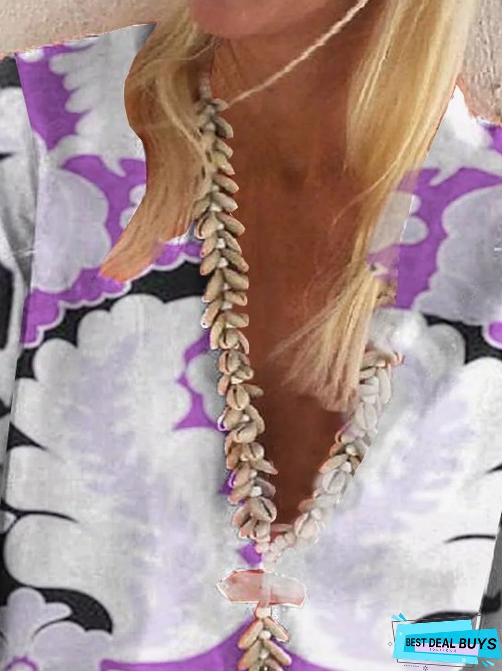 3/4 Sleeve Shift Cotton-Blend V Neck Weaving Dress