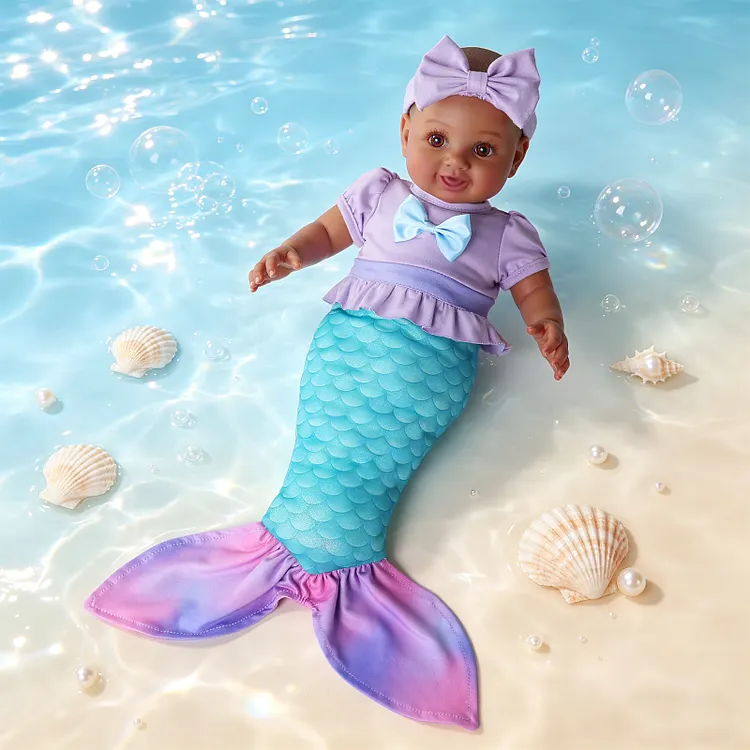 Babeside Nico 15&rdquo; African American Mermaid Baby Doll with Lavender Seashell Top & Gradient Tail