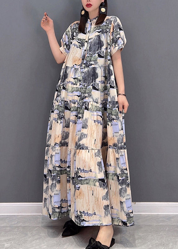 VCSHOES Stand Collar Button Print Patchwork Wrinkled Chiffon Long Dress Short Sleeve