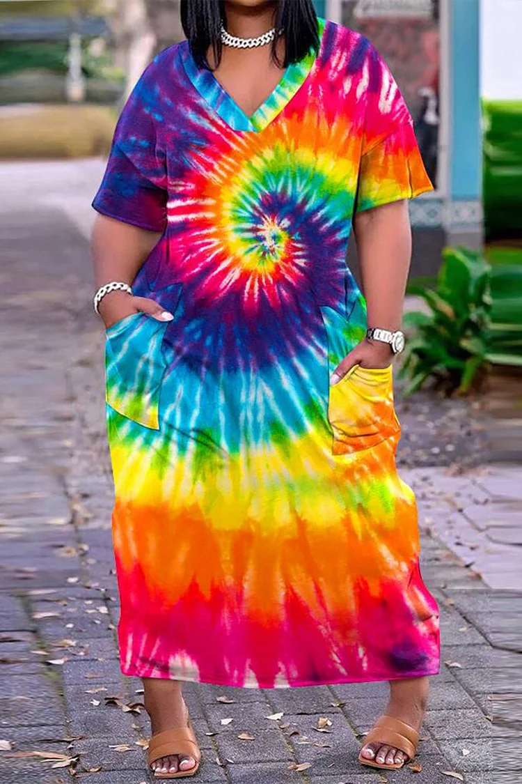Plus Size Multicolor Daily Rainbow Loose V-neck With Pockets Maxi Dresses 