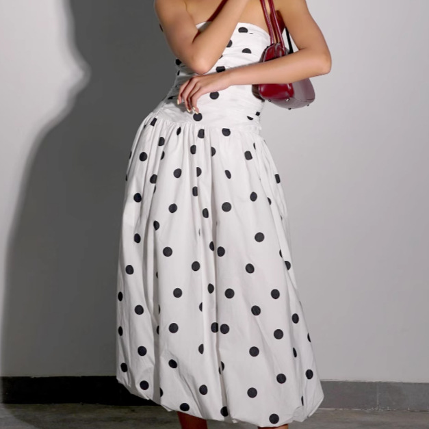 Women's Polka Dot Strapless Midi Dress Ruched Bodice A-Line