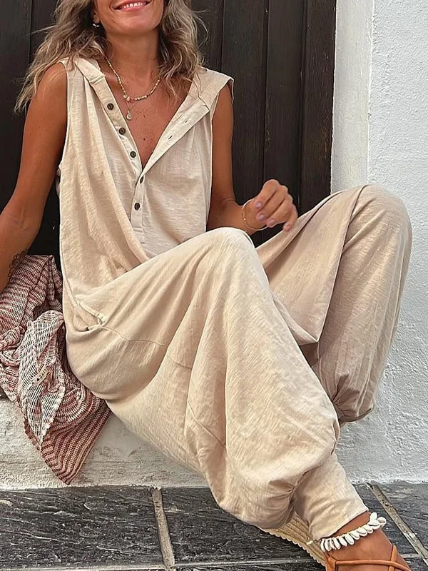 Loose Sleeveless Buttoned V-Neck Jumpsuits