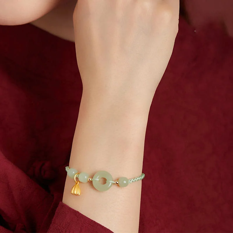 Round Peace Buckle Jade Lotus Happiness Abundance Wealth String Bracelet