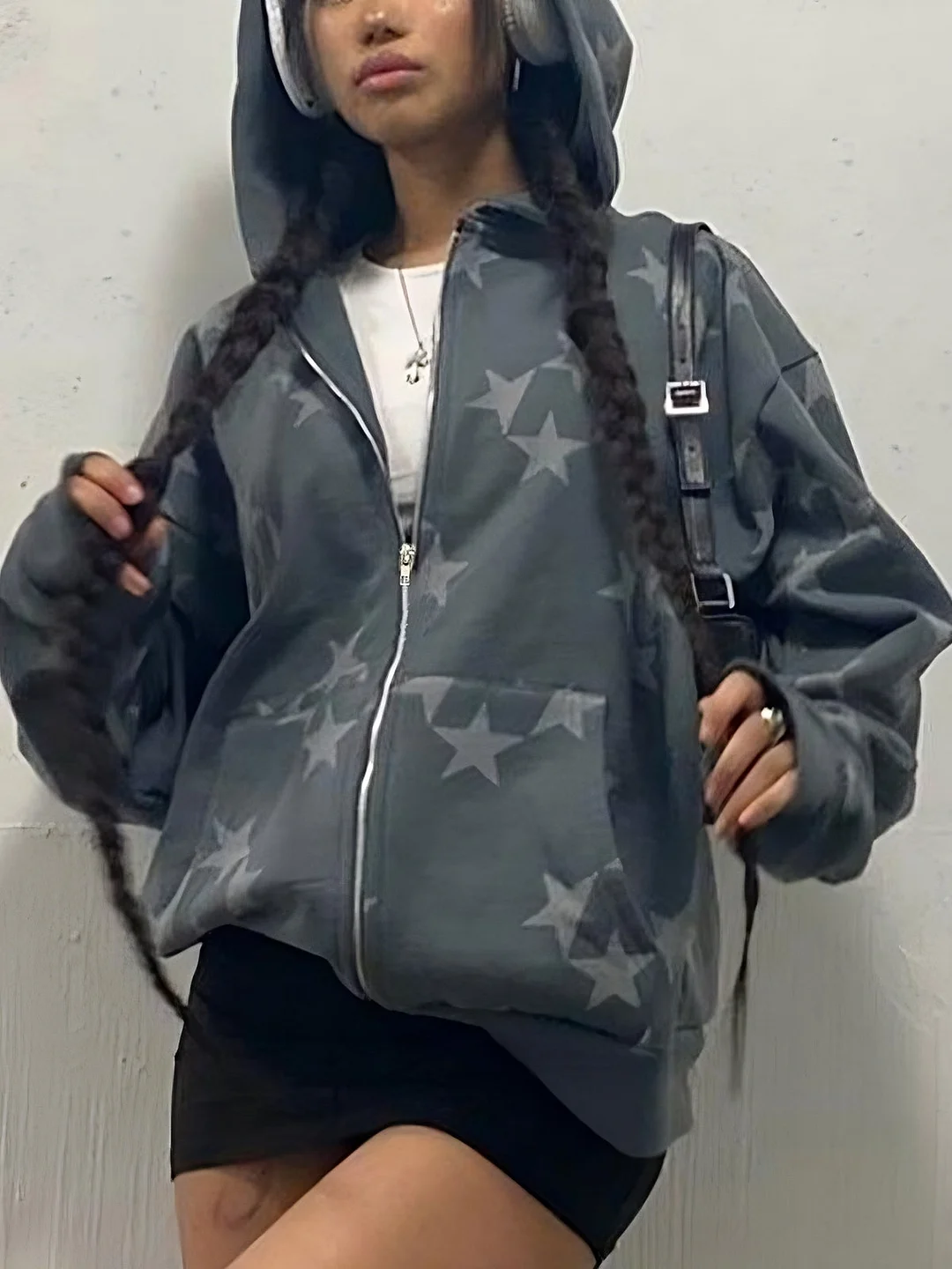Brownm star motif zip hoodie