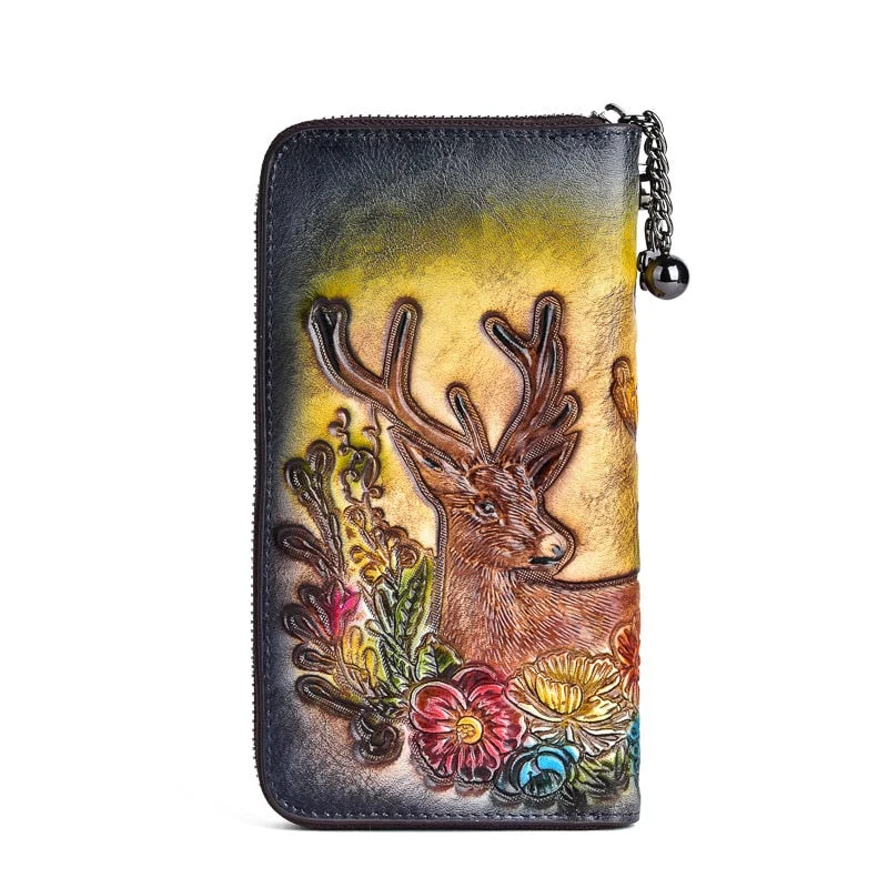 MOTAORA Vintage Women's Deer Pattern Bags Miss Genuine Leather Handmade Long Wallet With Zip Fashion Chinese Style Girl Handbag