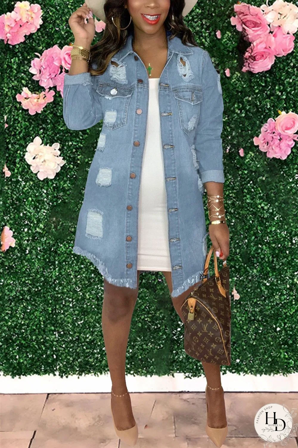 Baby Blue Fashion Casual Solid Ripped Turndown Collar Long Sleeve Regular Denim Coats