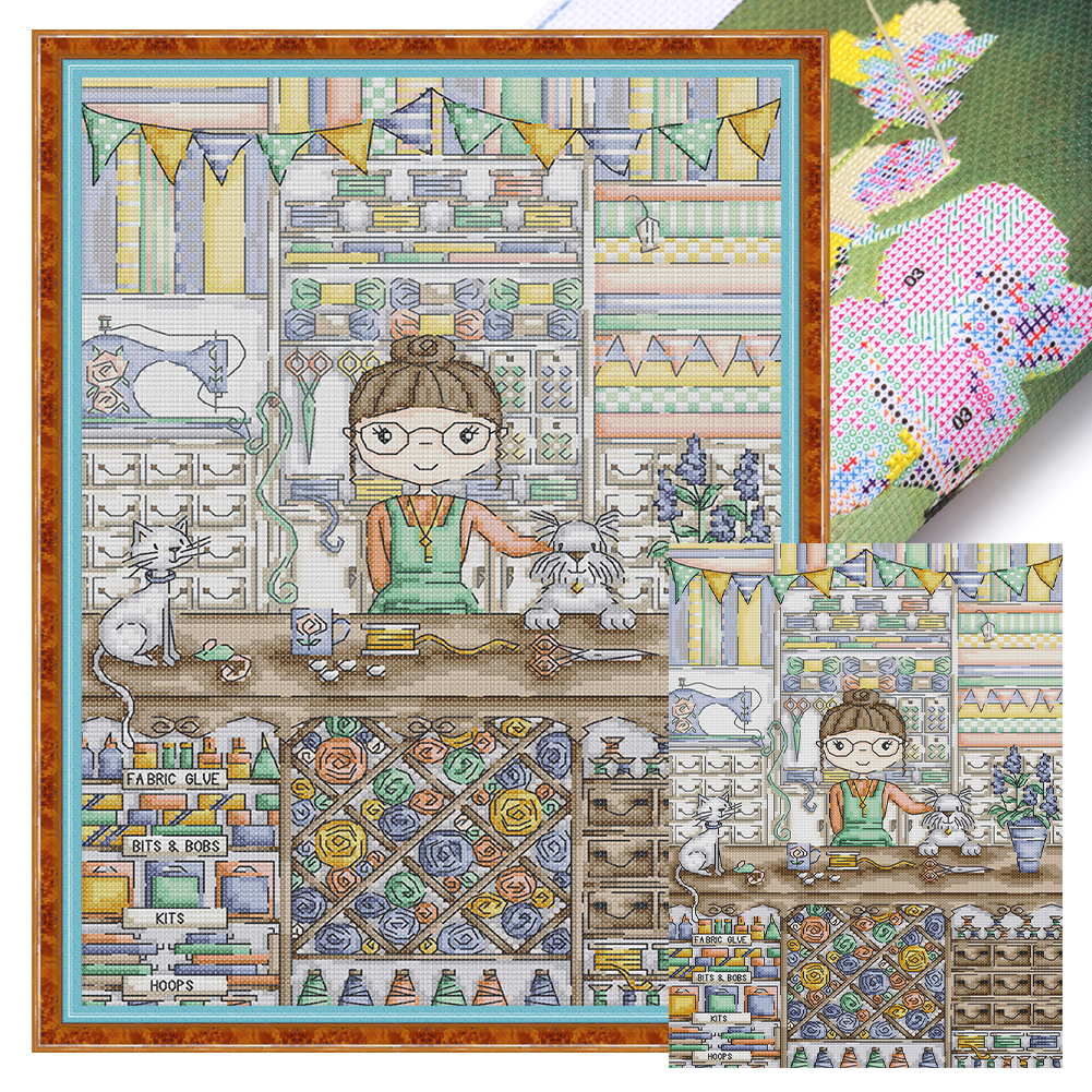 【Joy Sunday】Girl's handicraft shop Full 14CT Pre-stamped Canvas(29*41cm) CrossStitch(backstitch)