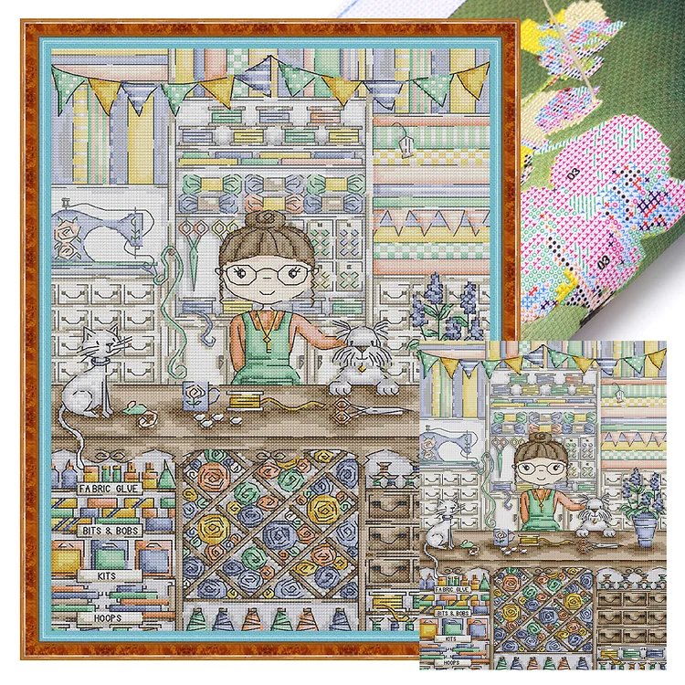 Joy Sunday- Girl's small handicraft shop- 14CT - 2 Strands Threads Printed Cross Stitch - 29*41cm(Canvas)