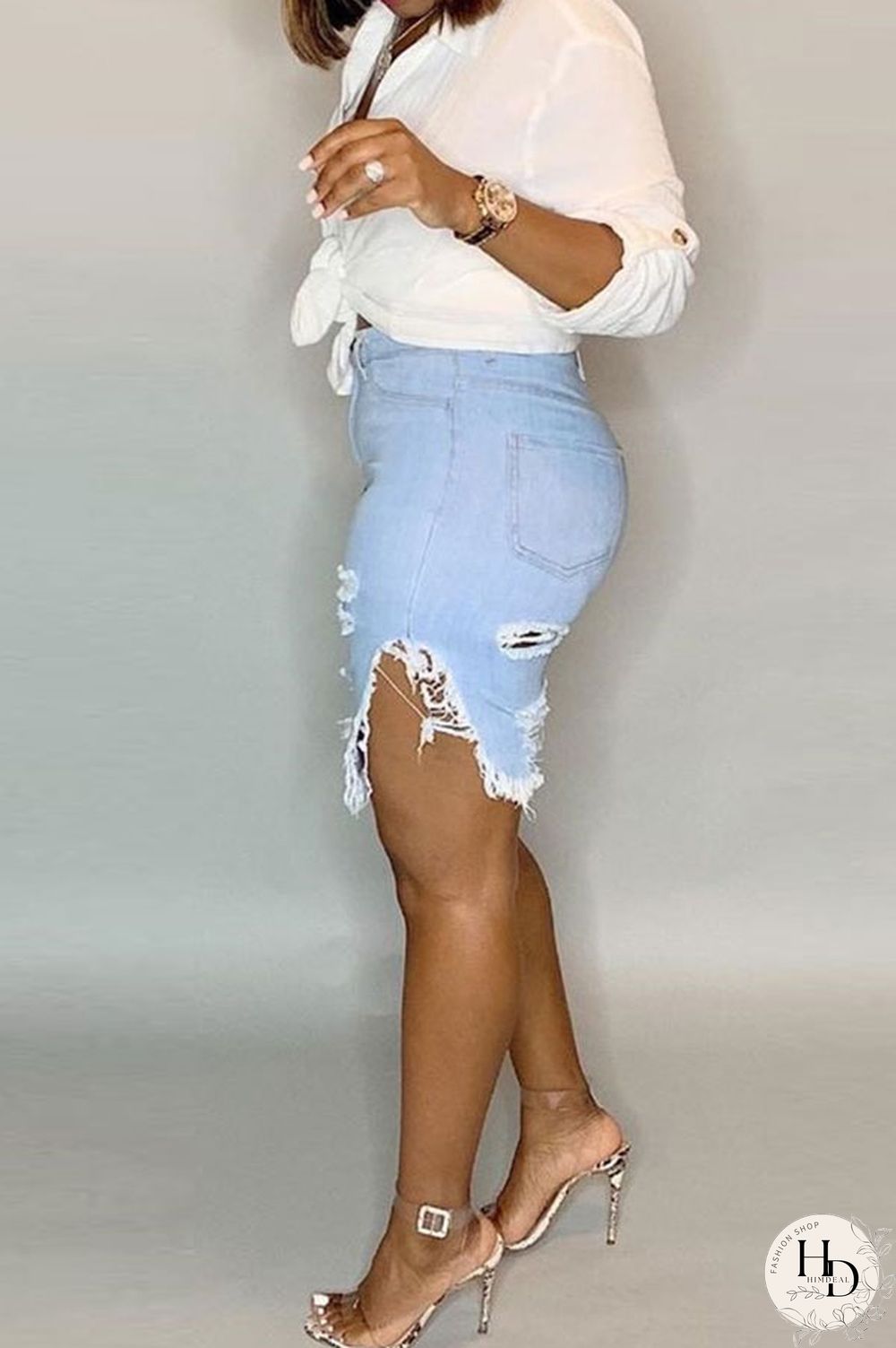 Light Blue Black Light Blue Dark Blue Denim Button Fly Mid Asymmetrical Boot Cut Capris Bottoms