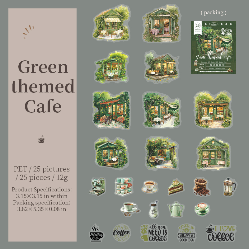 PET Sticker - Encounter Cafe Series Vintage Plant Coffee Building Landscaping 