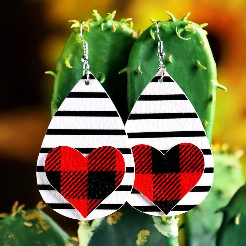 2 Layered Heart Pattern Plaid Leather Earrings