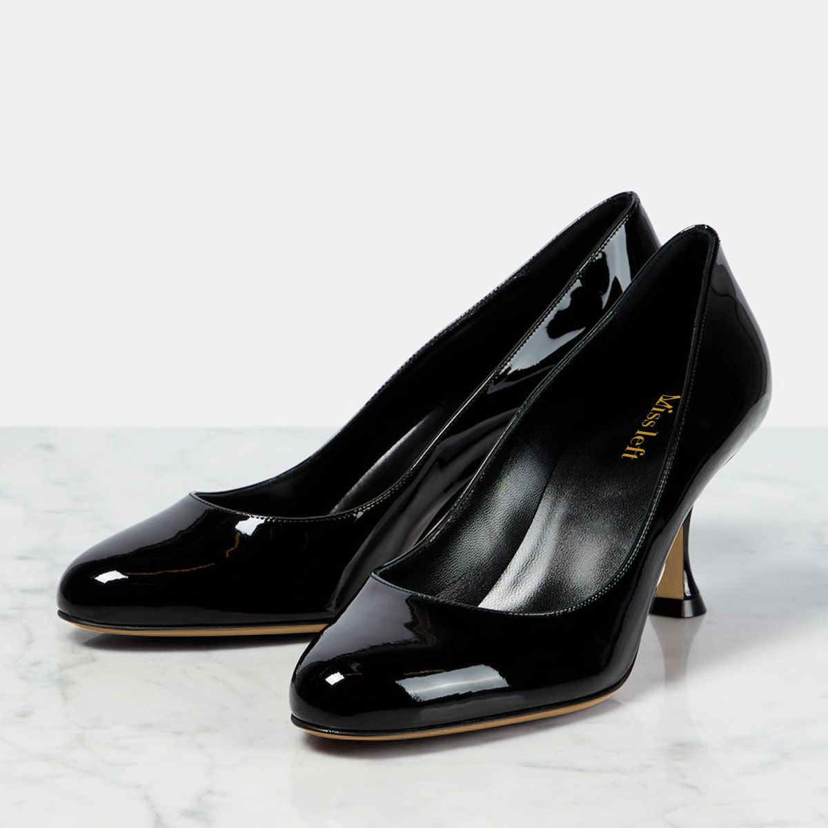 Patent Leather Spool Heel Black Pumps for Women with Round Toe Nicepairs