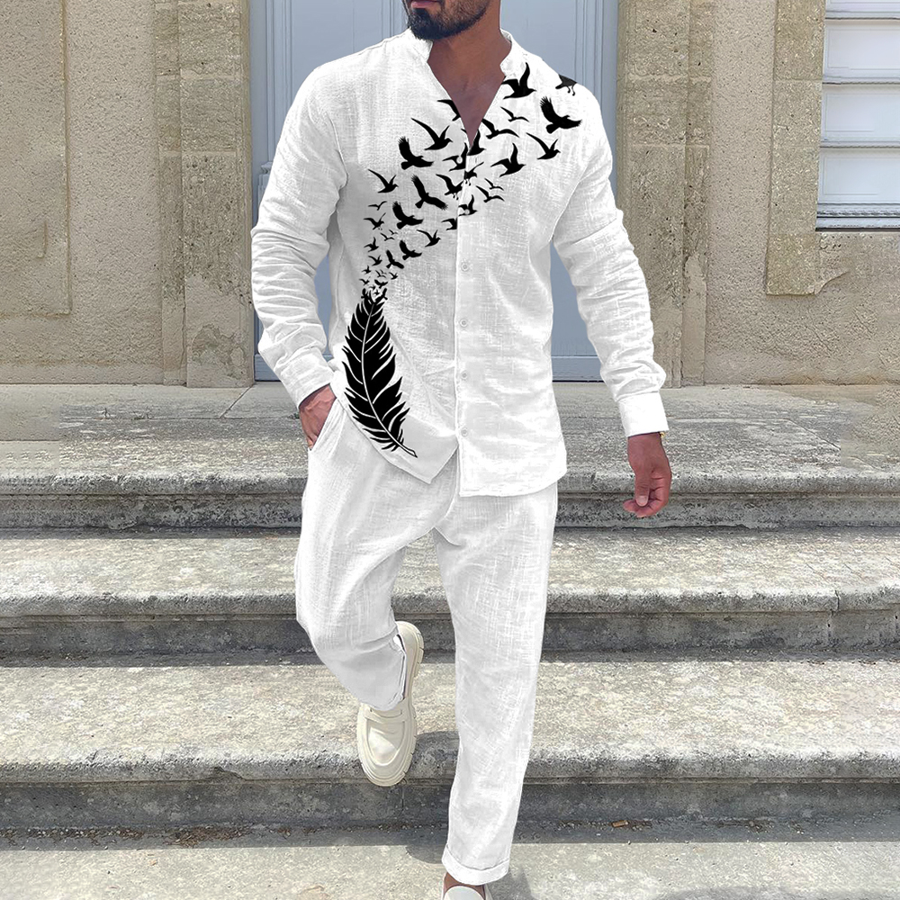 Men's White Cotton And Linen Bird Print Vacation Suit / TECHWEAR CLUB / Techwear