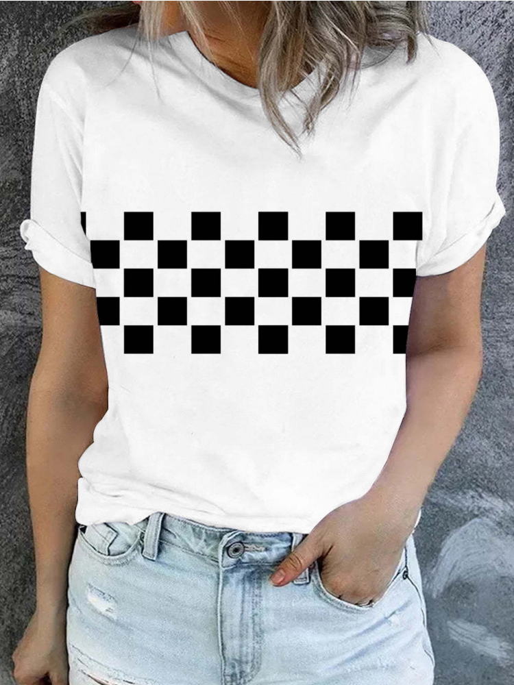Comstylish Checkerboard Graphic Round Neck Shift Casual T-Shirt