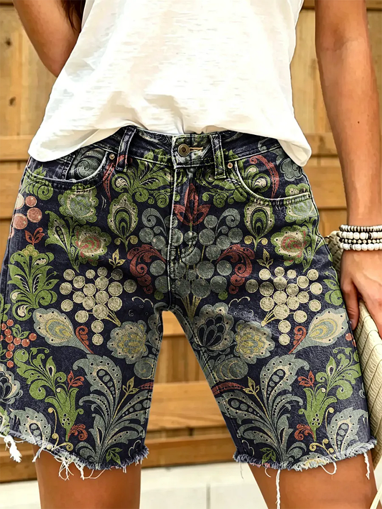 Women's Vintage Floral Print Denim Shorts