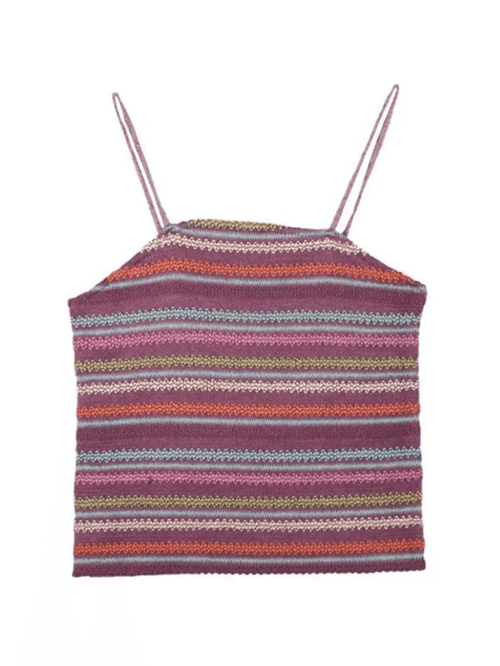 Brownm Color Block Striped Knitted Crop Cami Top