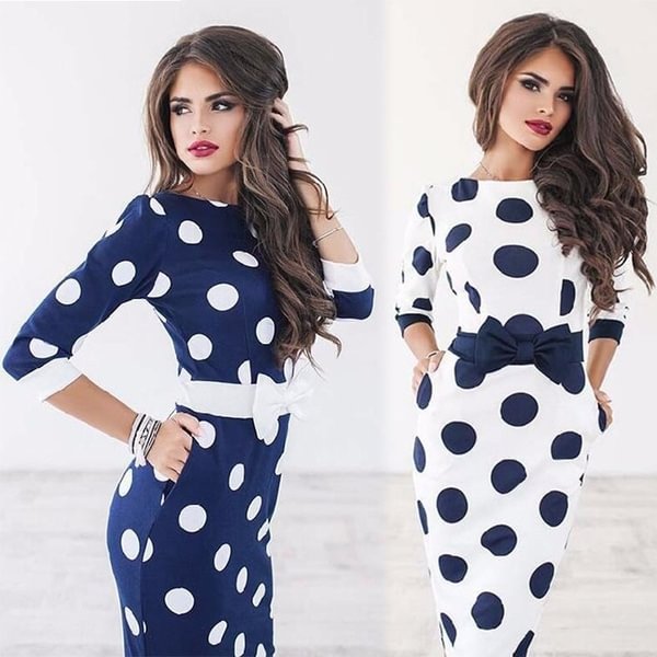 Elegant Women's Fashion Bow Bodycon Shift Pencil Party Dresses Formal Polka Dot Slim Dress - BlackFridayBuys