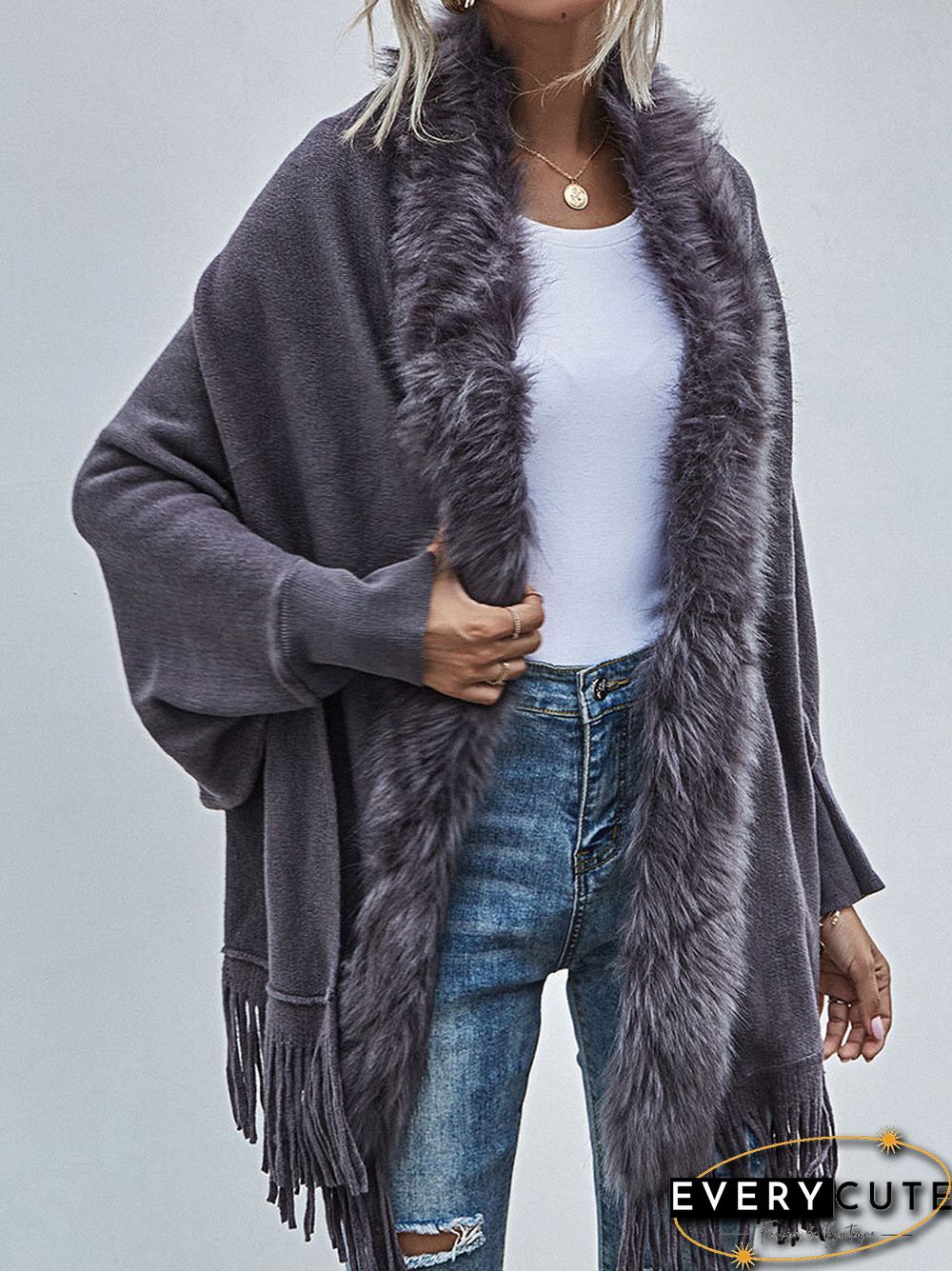 Solid Fringe Hem Dolman Sleeve Open Front Cape Cardigan