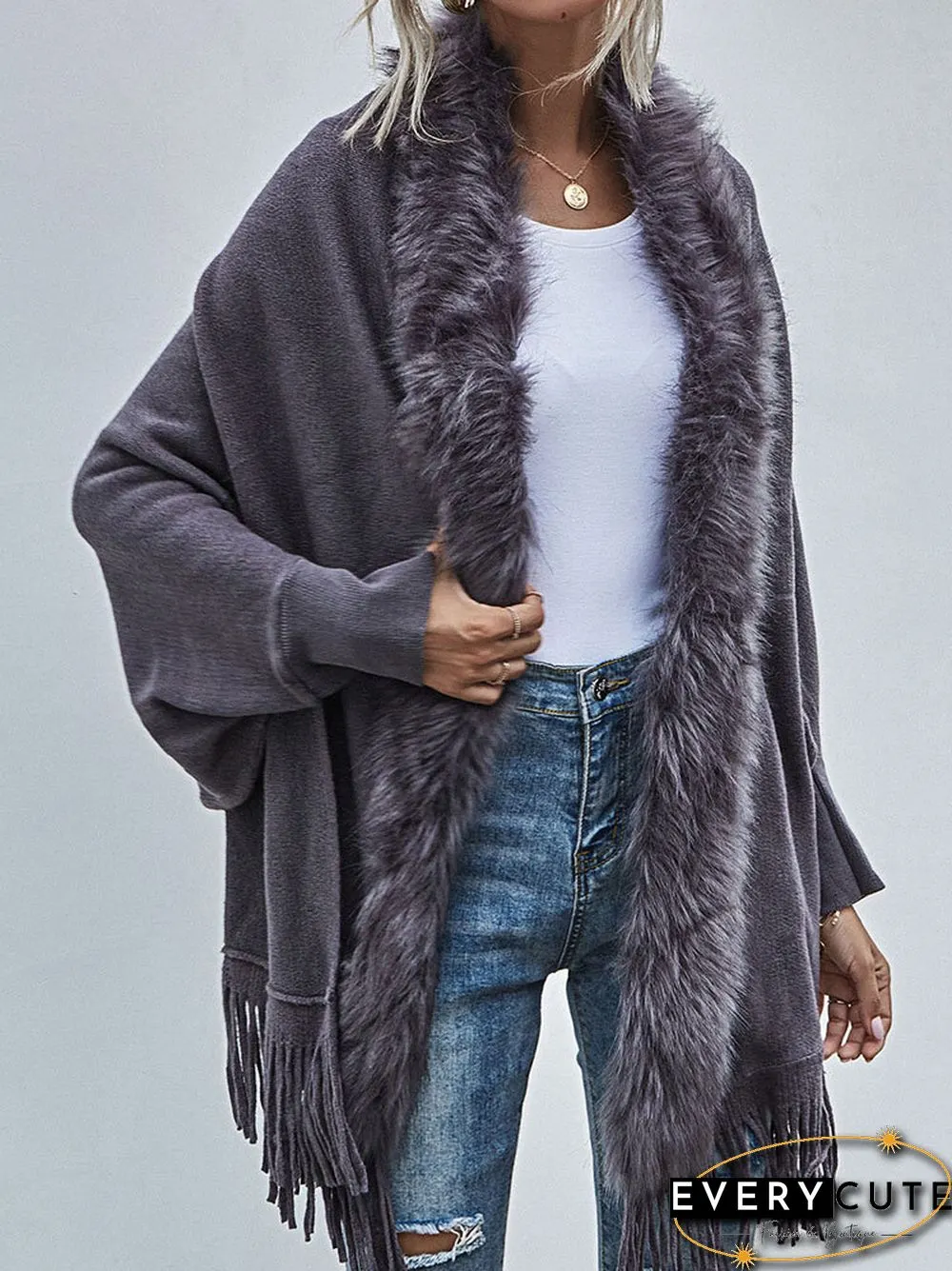 Solid Fringe Hem Dolman Sleeve Open Front Cape Cardigan