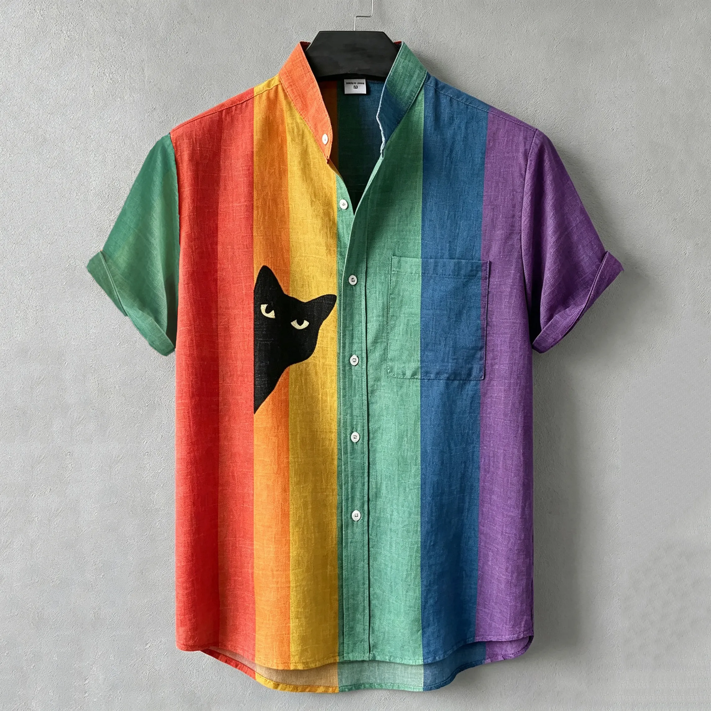 Men's Vintage Black Cat Contrast Stripes Art Short Sleeve Shirt  artssus