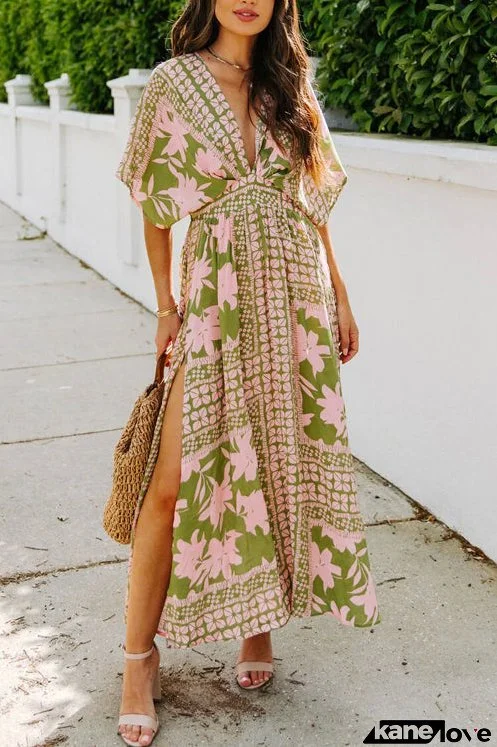 Floral Print V-Neck Maxi Dress Boho Beach Dresses