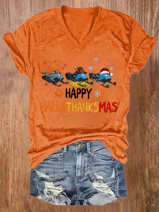 Women's Casual Happy Hallothankmas Print Short Sleeve T-Shirt