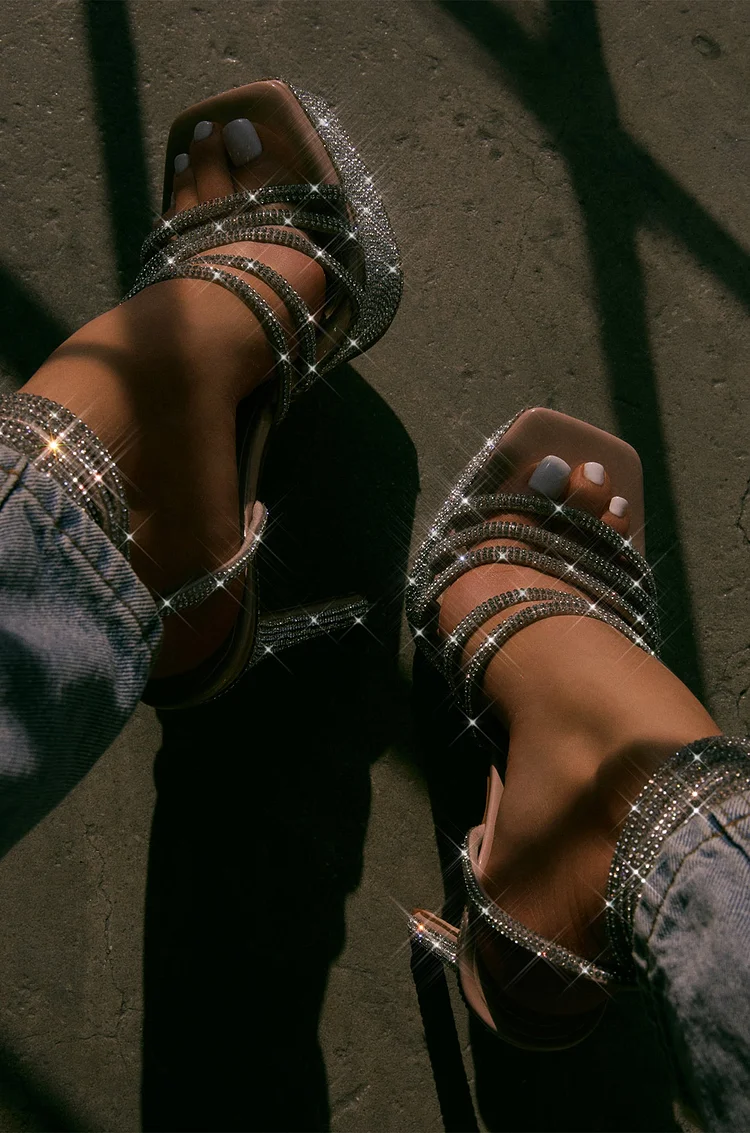 Square Toe Rhinestones Platform Sandals Women's Strappy Party Heels |FSJ Shoes