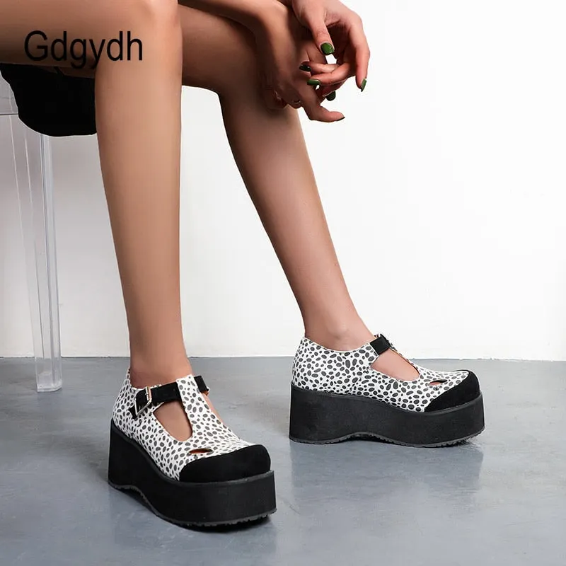 Gdgydh Gothic Fashion Cat Leopard Wedges Shoes For Women T-strap Platform Heels Hollow Out Thick Sole Casual Shoes Comfort New