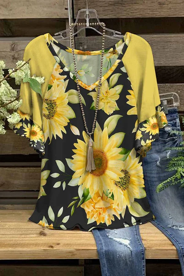 Chrysanthemum Print Flounce Sleeve T-shirt