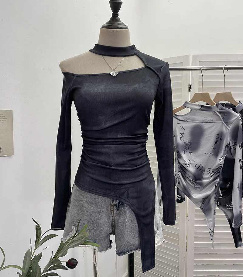 Churchf Long-Sleeved Irregular Design Small T-Shirt Women's Autumn Dress Print Hollow Tight Hottie Top 1108