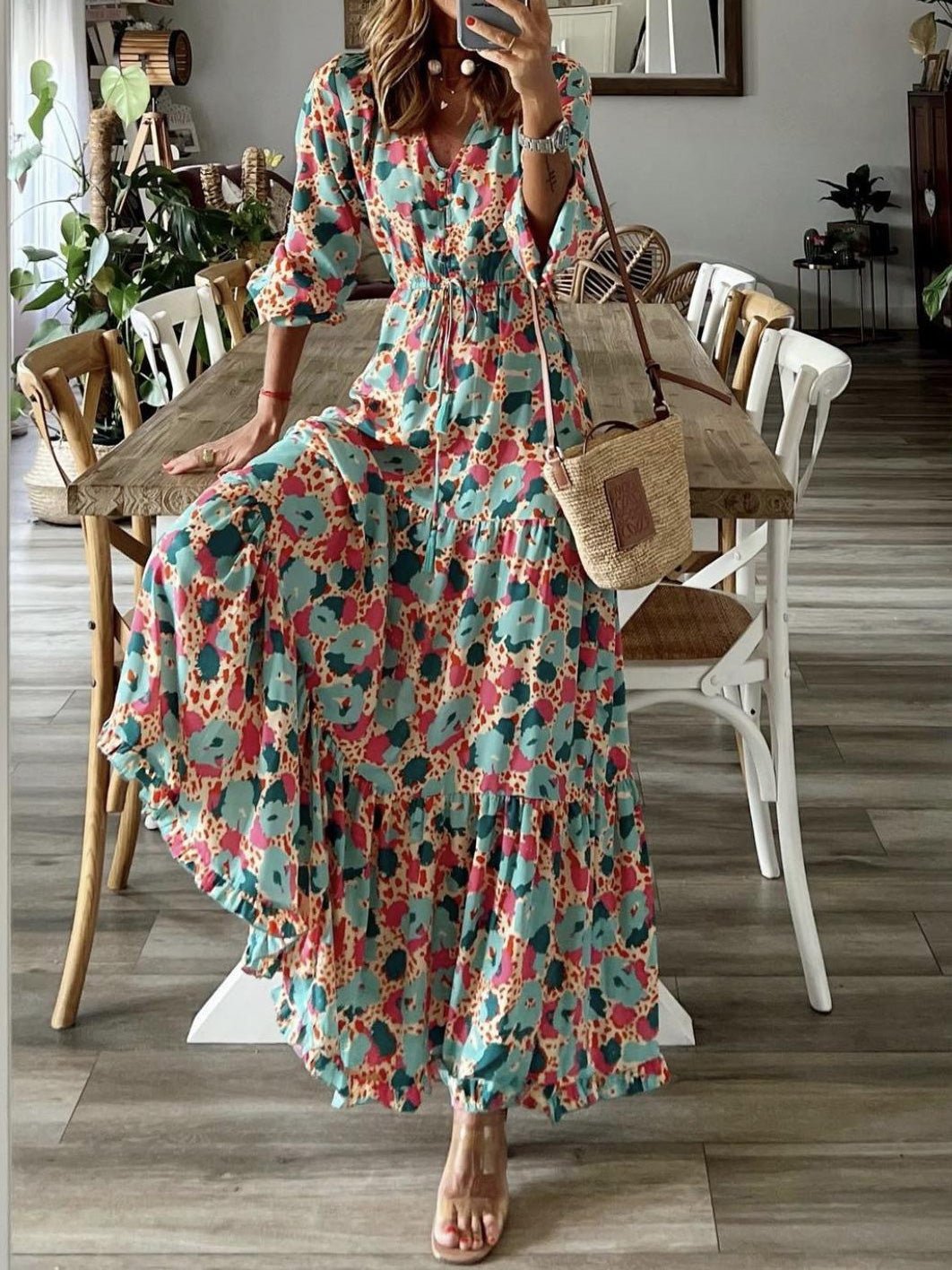 Women'S Dresses Printed V-Neck Ruffle Long Sleeve Dress