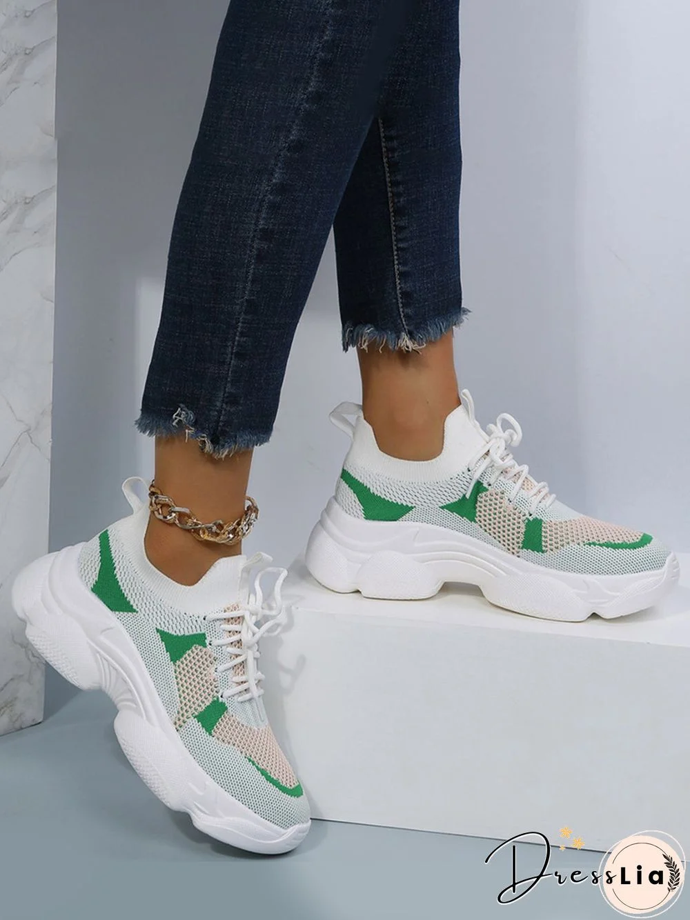 Contrast Flyknit Breathable Mesh Platform Lace-Up Sneakers