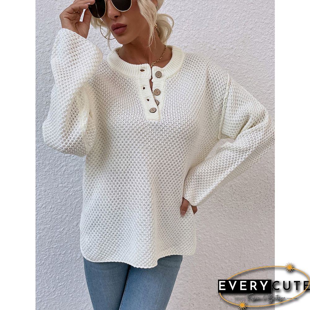 Beige Button-up Crew Neck Drop Shoulder Knit Sweater