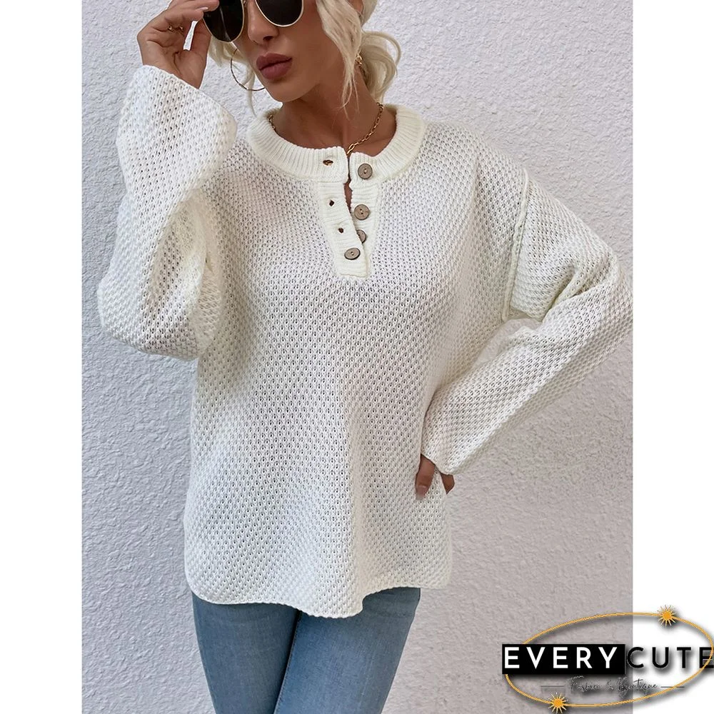 Beige Button-up Crew Neck Drop Shoulder Knit Sweater