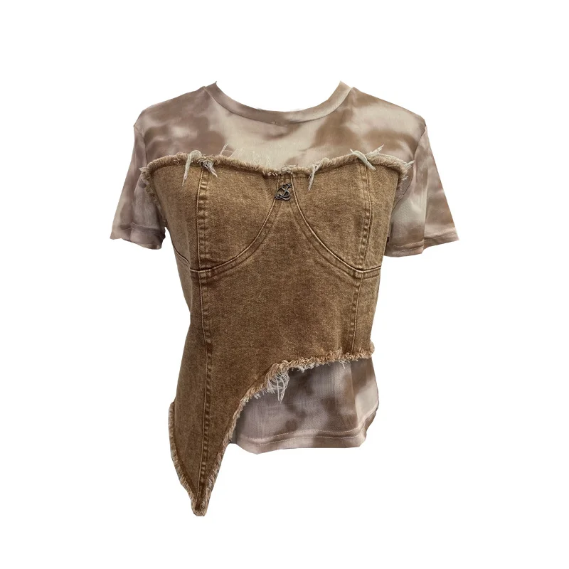 Uveng Real Shooting Of The Edge Of The Denim Splicing Tie Dye Mesh Repair Irregular Two Short-Sleeved Top T-Shirt 26171