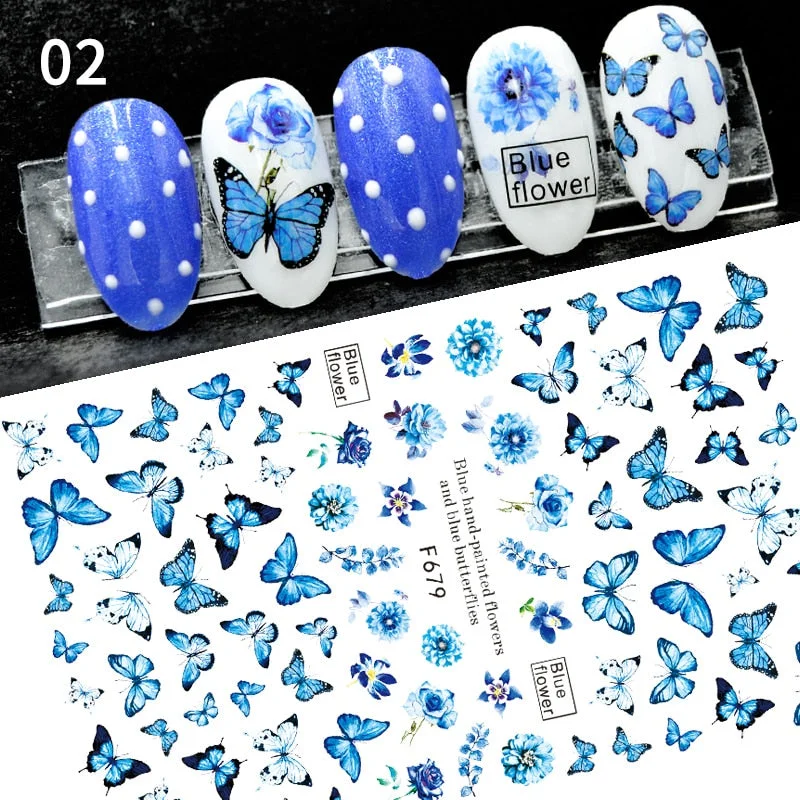 1PC Blue Butterfly Flower 3D Nail Art Stickers Colorful Iridescent Transfe Sliders Decals Decorations Accessories