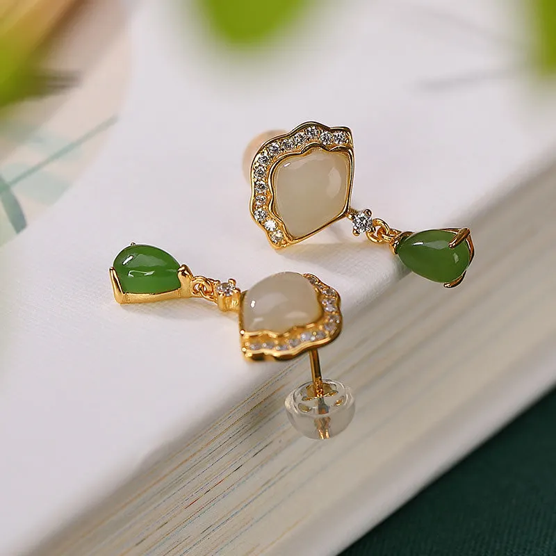 White Jade Cyan Jade Fan Water Drop Pattern Luck Drop Earrings