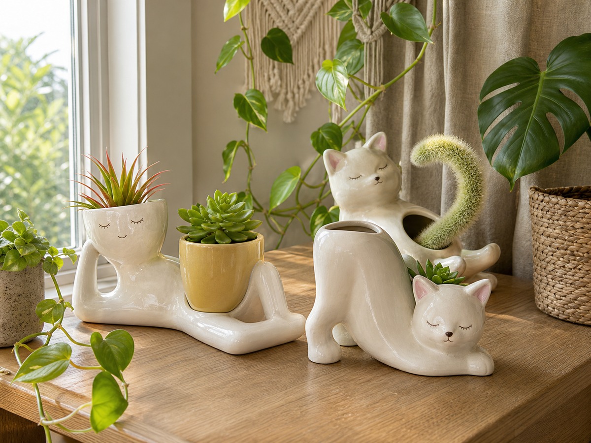 Handmade plant pots styled on a bright windowsill