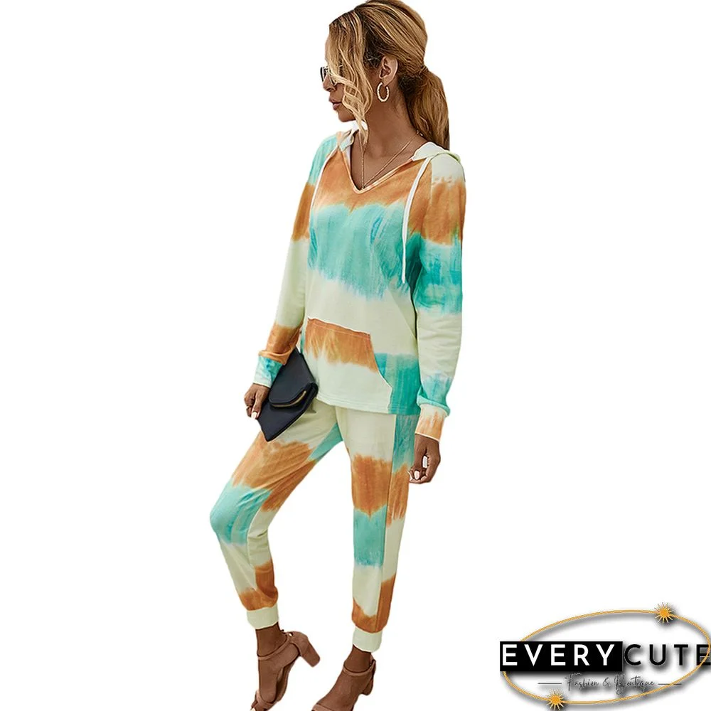 Yellow Tie Dye Print Drawstring Hoodie with Pants Set