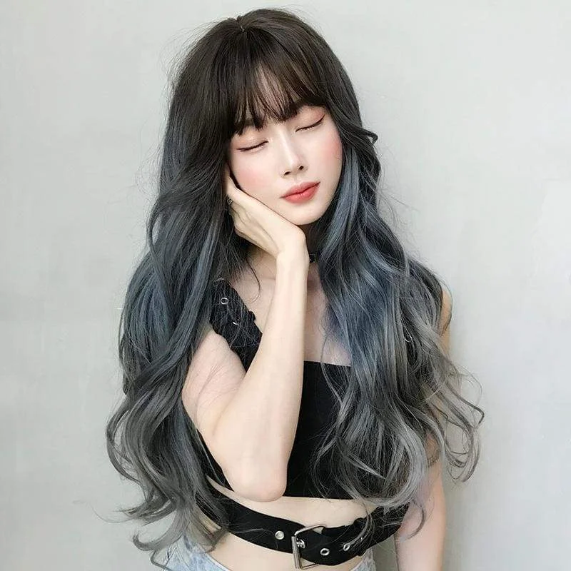 Blue Gray Long Curly Wig SP396