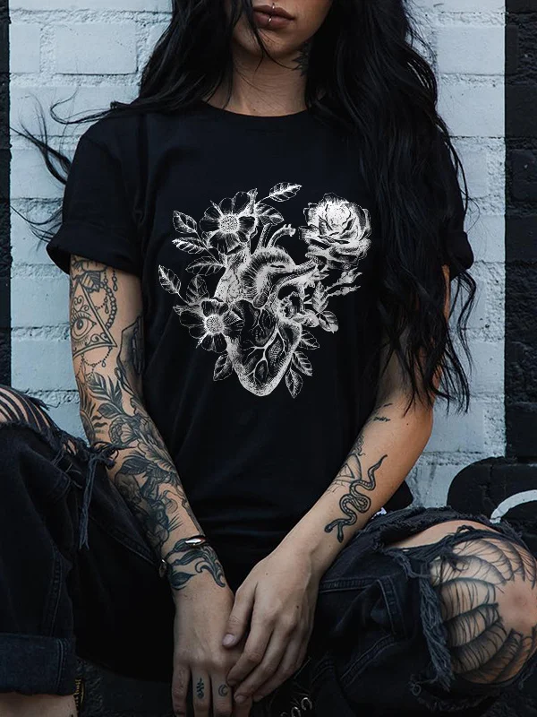 Gothic Dark Flower Printed Solid Pattern Short Sleeve Crew Neck T-shirt