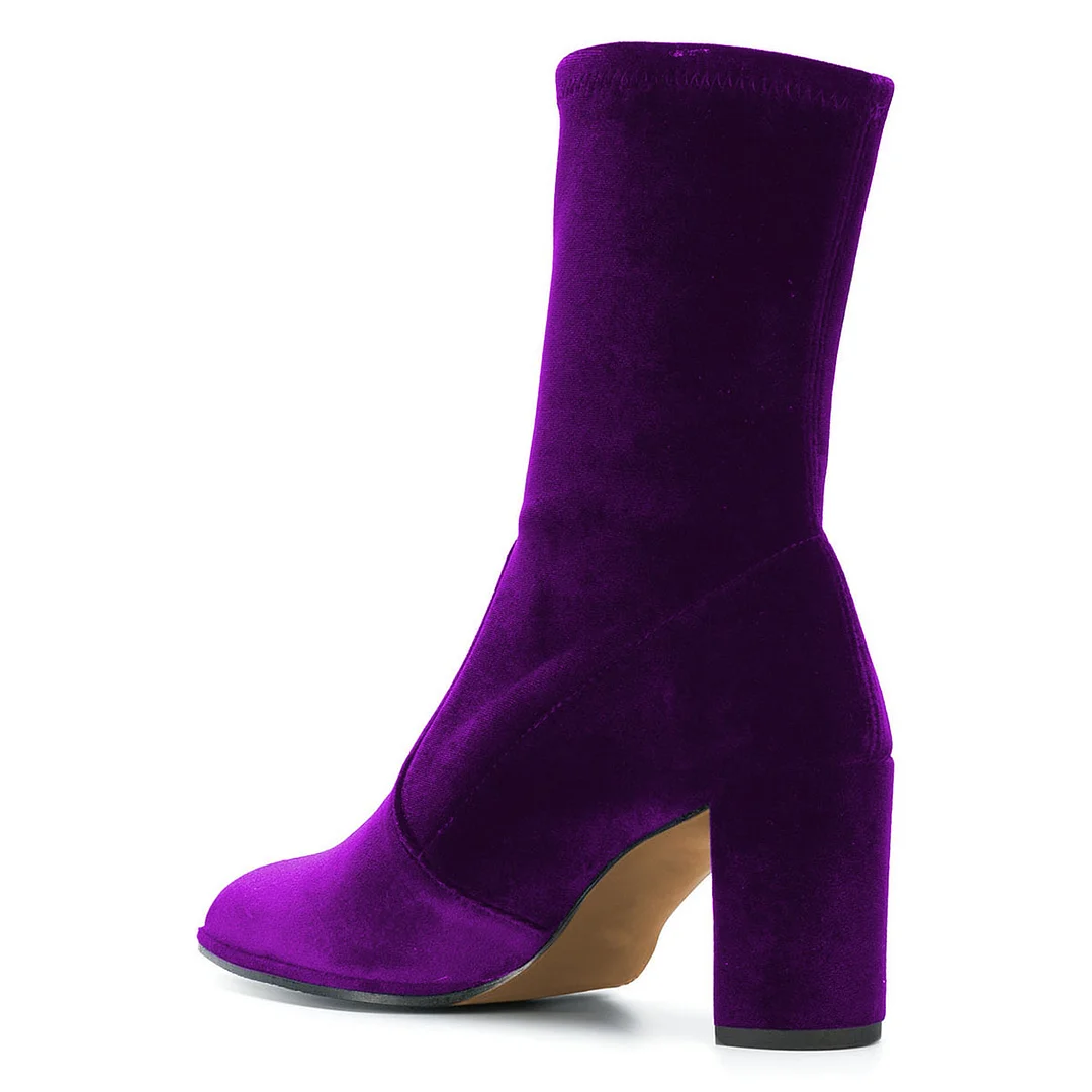Women's Velvet Pointed Toe Pull-On Heeled Ankle Boots in Purple