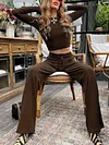 Fashion Solid Color Round-Neck Long Sleeves Shirts+ Wide Leg Elastics Drawstring Pants Two Pieces Set